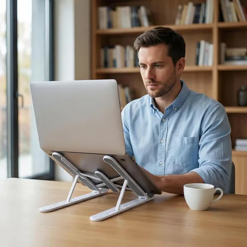 Vista 5 de Soporte ajustable para laptop para escritorio, elevador plegable y portátil, soporte ergonómico para computadora multiángulo, soporte para Blanco