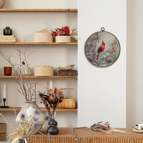 Vista 4 de OINDADE Arte Decorativo de Pared Redondo de Cardenal Invernal, Arte de Pared Colgante de Cardenal Navideño, Imágenes de Pájaros Decoración de Pared