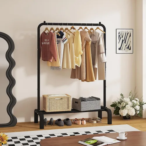 Vista 4 de JIUYOTREE Perchero de ropa estándar con estantes de almacenamiento, organizador de ropa para colgar ropa, abrigo, chaqueta, camisa, suéter, jeans