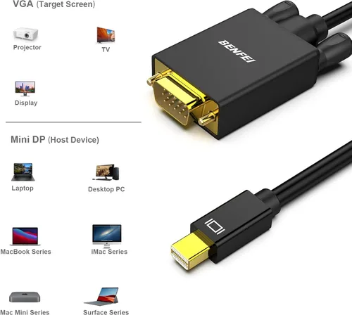 Vista 7 de BENFEI Cable Mini DisplayPort a VGA de 3 pies, cable Mini DisplayPort a VGA (compatible con Thunderbolt 2) con MacBook Air/Pro, Surface Pro/Dock