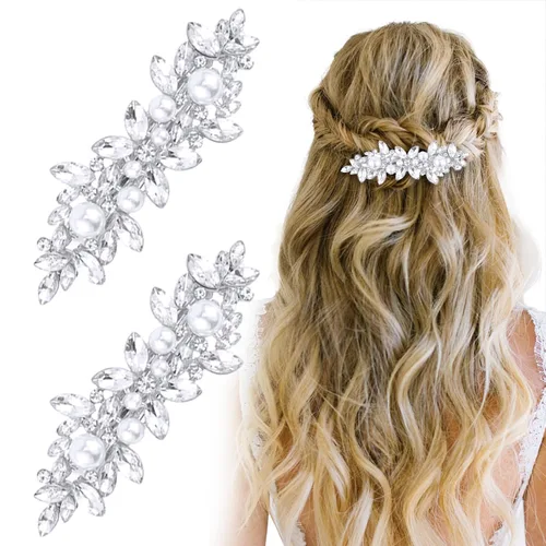 Vista 8 de WHAVEL 2 pinzas para el pelo de perlas, pinzas para el cabello con diamantes de imitación, accesorios de perlas para dama de honor, boda