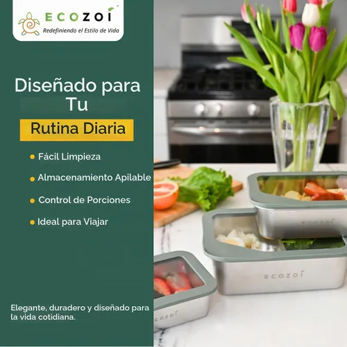 Vista 7 de ecozoi Lonchera de acero inoxidable, juego de 3 piezas con tapas de vidrio, recipientes de preparación de comidas aptos para lavavajillas, 75 onzas