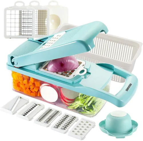 Vista 9 de KEOUKE Cortador de verduras de mandolina pro - Cortador de alimentos con 16 cuchillas intercambiables con recipiente, protector manual y escurridor