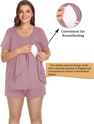 Vista 3 de SWOMOG Conjunto de pijama de maternidad para mujer, 3 piezas, ajustable, ropa de dormir de doble capa de manga corta para embarazo