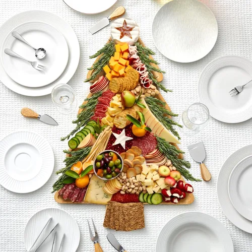 Vista 5 de Liliful 76 piezas de accesorios para tabla de charcutería de árbol de Navidad, tabla grande de cortar de madera de 24 x 16 pulgadas para Navidad