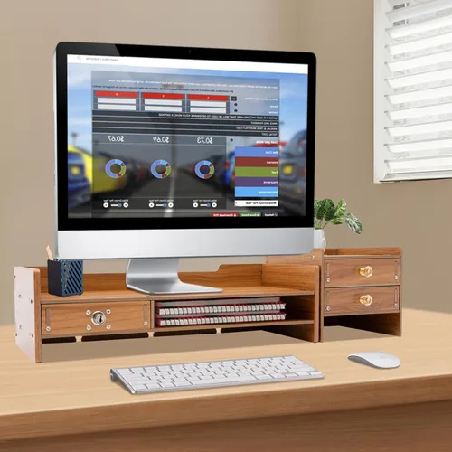 Vista 4 de Estante de madera para monitor de computadora con cajones, soporte ajustable para monitor de TV para laptop, organizador de almacenamiento