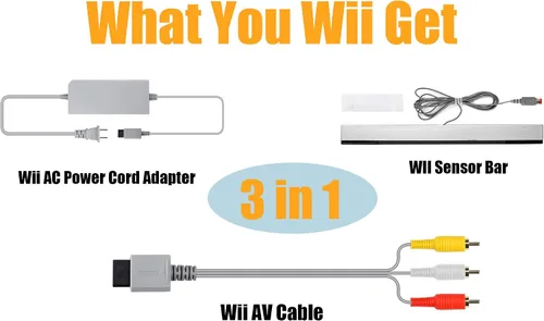 Vista 6 de Adaptador de cable de alimentación Wii 3 en 1 + cables Wii compuesto de audio y video + barra de sensor Wii con cable, barra de sensor de rayos