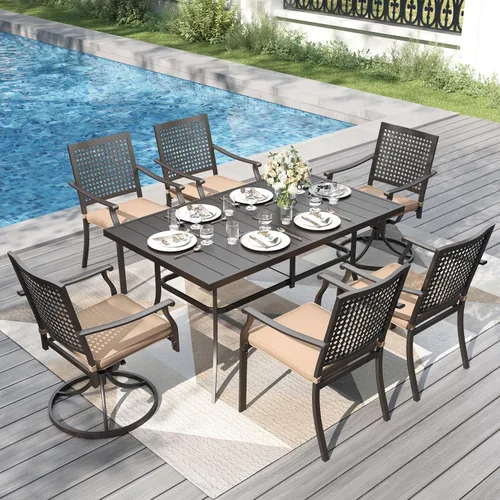 Vista 2 de PHI VILLA Mesa rectangular de comedor con listones de acero metálico para 6 personas con agujero ajustable para paraguas, resistente a la intemperie