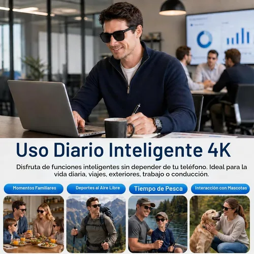 Vista 3 de Gafas inteligentes AI con cámara, video 4K, traducción en tiempo real Lentes negras