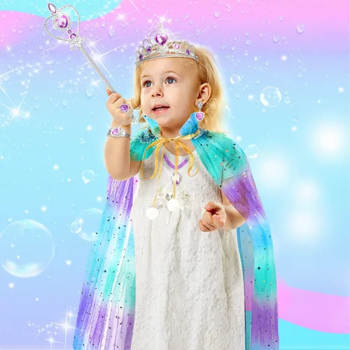 Vista 3 de Fedio Princess Cape Set 7 Pieces Girls Princess Cloak with Tiara Crown, Wand for Little Girls Dress up