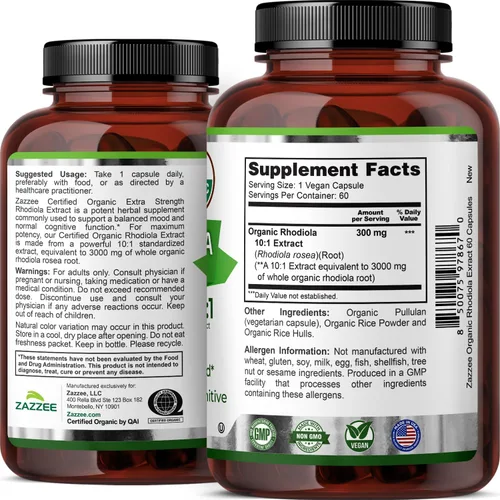 Vista 8 de Zazzee Extracto orgánico de Rhodiola 10:1 USDA, 60 cápsulas, suministro