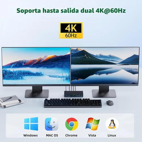 Vista 8 de 2 monitores 4 computadoras KVM Switch portátil y escritorio 4 puertos híbrido USB-C docking y doble Displayport y DP HDMI y Dual HDMI 4K@60Hz KVM