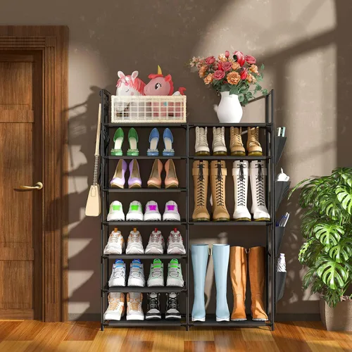 Vista 2 de Kottwca - Zapatero de 7 niveles de metal para entrada y armario, con capacidad para 24-28 pares, estante apilable para zapatos y botas con ganchos