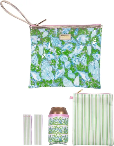 Vista 10 de Lilly Pulitzer Funda de vinilo resistente al agua para la playa, bolsa con cremallera incluye protector de bebidas, funda pequeña y clips para toalla