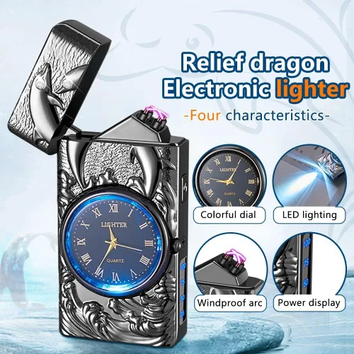 Vista 3 de GADATOP Encendedor eléctrico recargable a prueba de viento, encendedor de plasma con alivio de delfines 3D, reloj integrado con luz LED para uso