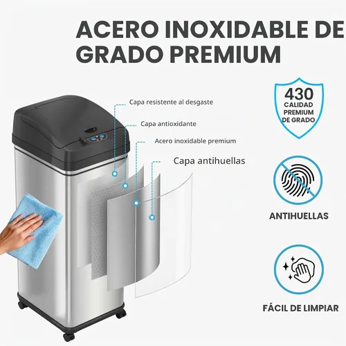 Vista 12 de [Usado] iTouchless - Cubo de basura para cocina de 13 galones, con sensor, con ruedas Plata clara/negro