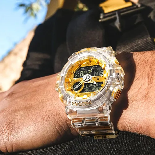 Vista 2 de Relojes PINDOWS para hombre, transparente dorado, analógico digital, doble hora, 50M resistente al agua, retroiluminación LED, multifuncional