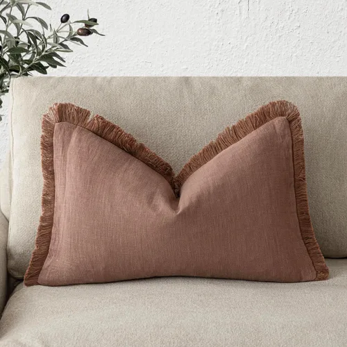 Vista 45 de Foindtower Fundas de almohada decorativas de lino con flecos, acogedora funda de cojín bohemia estilo farmhouse con borlas, funda de almohada