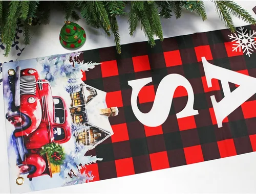 Vista 3 de Decoraciones de Navidad para patio al aire libre: cartel grande de porche delantero rojo y negro, pancarta de puerta de Navidad a cuadros de búfalo