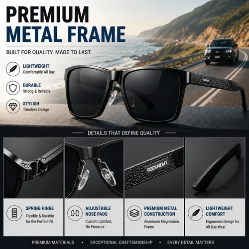 Vista 3 de ROCKNIGHT Polarized Sunglasses for Men Outdoor Use Square UV400 Al-Mg Frame Marco negro/lente negro (no espejado)