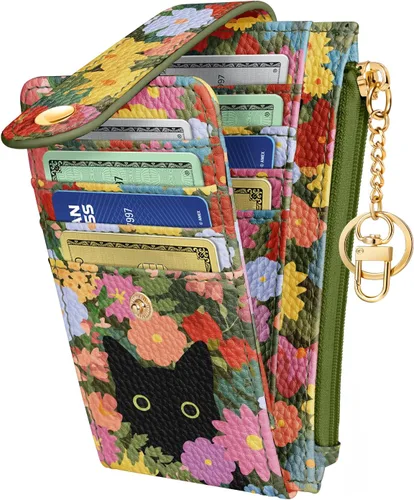 Vista 11 de Cartera delgada pequeña para tarjetas para mujeres – Linda cartera con llavero con bloqueo RFID que sostiene 7 tarjetas, diseño de moda de cuero