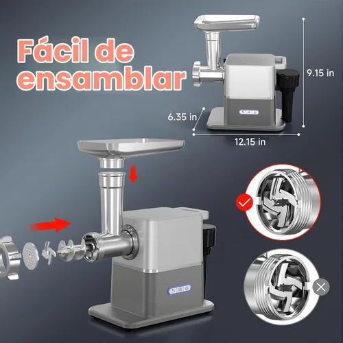 Vista 8 de Molinillo de carne silencioso actualizado 2026 con motor eléctrico de CC de 3000 W máximo, inversa automática, 3 velocidades, máquina de salchichas