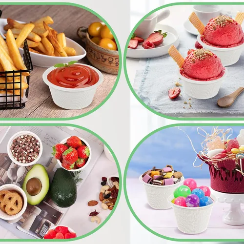 Vista 7 de Paquete de 100 tazas compostables para porciones, tazas de condimento de 2 onzas, tazas de soufflé 100% biodegradables, vasos de papel desechables