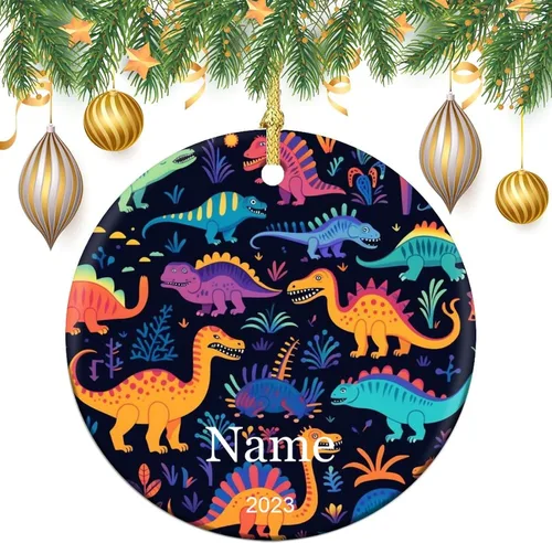 Vista 2 de Adorno colorido con patrón de dinosaurio de 3 pulgadas, adorno de Navidad de cerámica de 3 pulgadas, bonito adorno de Navidad de dibujos animados