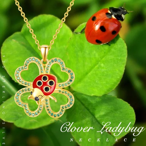 Vista 5 de TANGPOET Collar de plata de ley con trébol chapado en oro, joyería de mariquita milagrosa con colgante de cristal de esmeralda de cuatro hojas