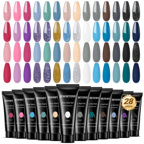Vista 10 de JEWHITENY - Kit de uñas de gel poli con lámpara UV, 14 colores en tonos púrpura, desnudo, gris, negro, azul y purpurina, kit de iniciación con capa