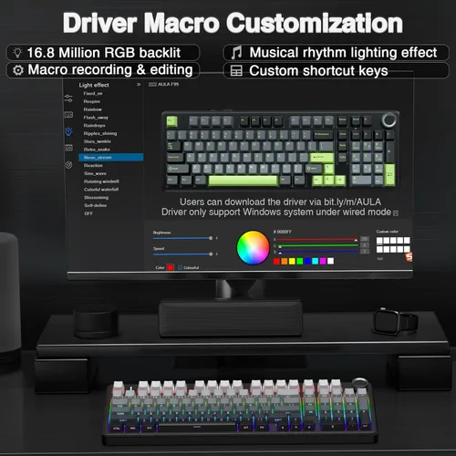 Vista 8 de AULA Teclado mecánico inalámbrico F99 Pro con perilla, estructura de junta, triple modo BT5.0USB-C2.4GHz teclado intercambiable en caliente, sonido