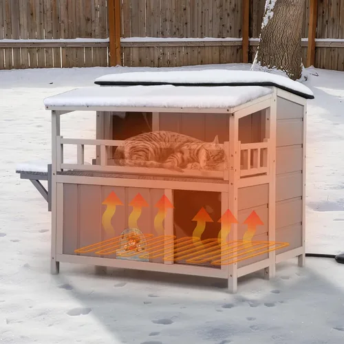 Vista 5 de Almohadilla de calefacción al aire libre para gatos, casa aislada con calefacción, refugio cálido para gatos con cama para mascotas con calefacción