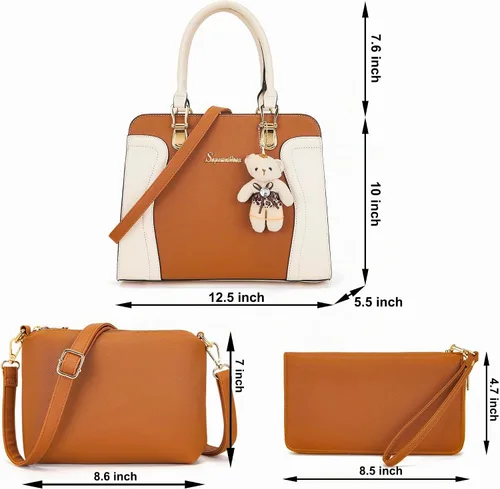 Vista 6 de Soperwillton Monederos para mujer, bolso cruzado de hombro, asa superior, bolsa de mano, cartera, juego de 3 piezas beige/marrón