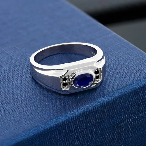 Vista 3 de Gem Stone King Anillo de plata de ley 925 con zafiro azul y diamante negro para hombre
