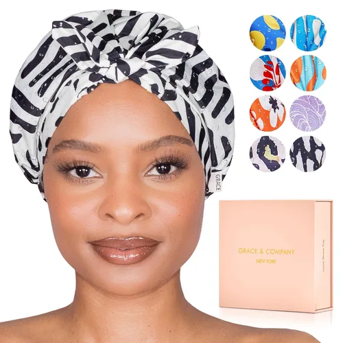 Vista 9 de GRACE & COMPANY Gorro de ducha de lujo para mujer, 100% impermeable, reutilizable, lavable y transpirable, diseño de pájaros del paraíso