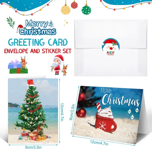 Vista 4 de Ctosree 60 juegos de tarjetas de felicitación de Navidad en julio, verano, estilo playa, a granel, con sobres y calcomanías para suministros