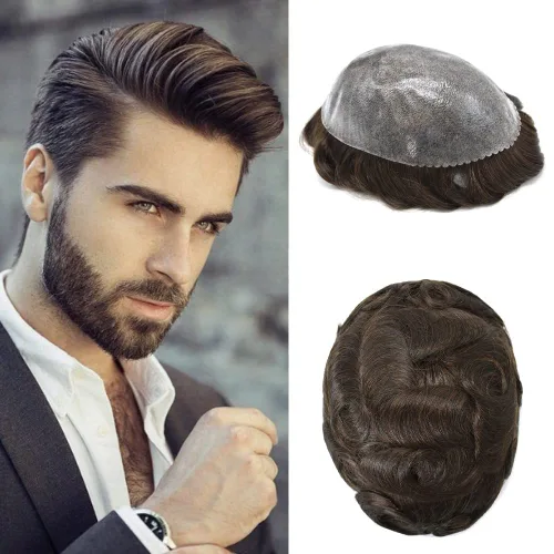 Vista 8 de Tupé para hombres de piel fina europea piezas de cabello humano para hombres duraderas de 0.004 in piel de poliuretano para hombre, tupé de 8 x 10