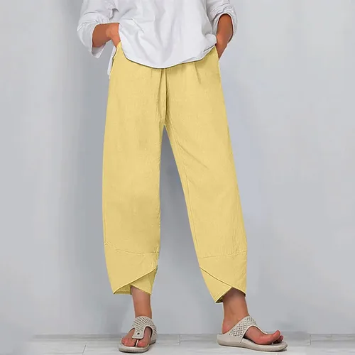 Vista 2 de Pantalones de pierna ancha para mujer, de verano, algodón, lino, cintura elástica, con cordón, pantalones de ajuste relajado