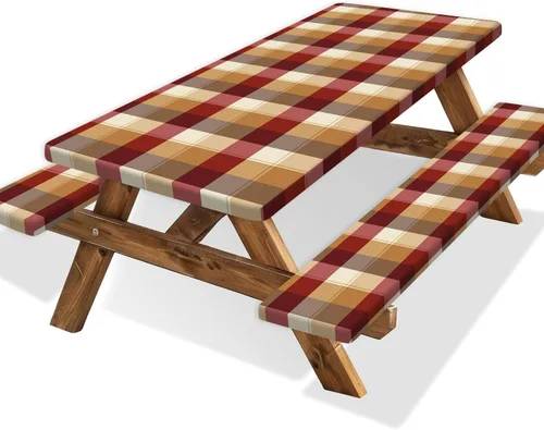 Vista 58 de Funda para Mesa de Picnic con Fundas para Bancos y Bolsa, Campista de Madera Impermeable Resistente al Viento, Cubierta de Mantel Ajustada con Borde