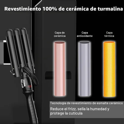 Vista 4 de kuwa Herramienta Rizadora de Cabello, Rizador de Ondas Playeras con 15 Temperaturas Variables, Rizador de 3 Cilindros, Rizador de Cabello