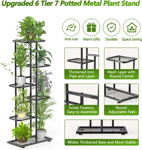 Vista 2 de Soporte de metal para plantas de 6 niveles y 7 macetas para interiores con herramientas de jardinería y guantes, organizador de estantes altos