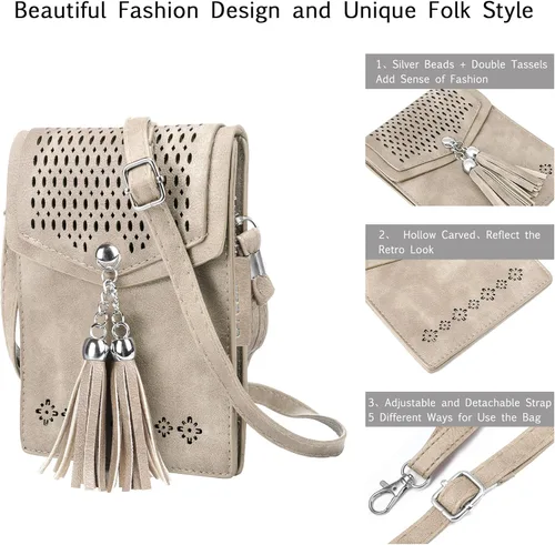 Vista 4 de seOSTO Bolso cruzado pequeño para mujer cartera con borlas para teléfono celular