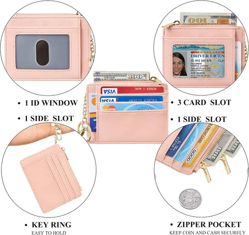Vista 4 de Sodsay Estuche para tarjetas cartera delgada con bolsillo frontal para mujer sujetatarjetas con llavero