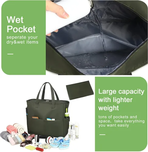 Vista 3 de Bolsa de playa y piscina para mujer, grande, bolsa de gimnasio con compartimento húmedo para viajes, impermeable
