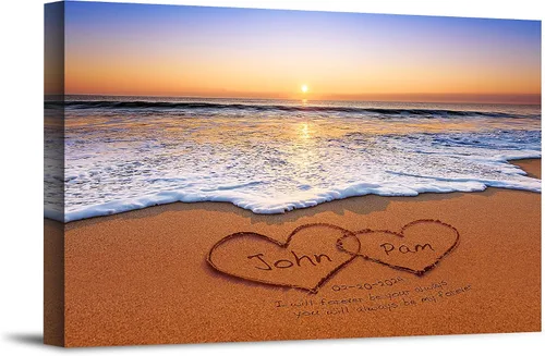 Vista 24 de Corazón y corazón en hermoso amanecer fotos personalizadas únicas o impresiones en lienzo con nombres de pareja y fecha especial en la playa, regalo