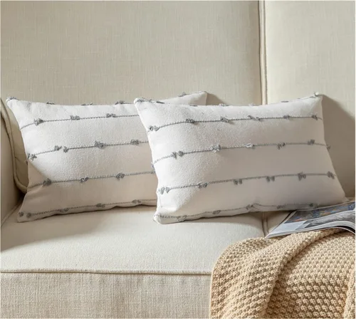 Vista 22 de Caflife Fundas de Almohada Decorativas Boho 18x18 pulgadas Beige y Negro, Juego de 2 Fundas de Almohada Decorativas Modernas Estilo Granja para Sofá