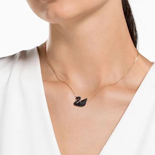 Vista 4 de Swarovski Iconic Swan Necklace and Earrings Collection, Rose Gold Tone Finish, Black Crystals Collar de cisne individual