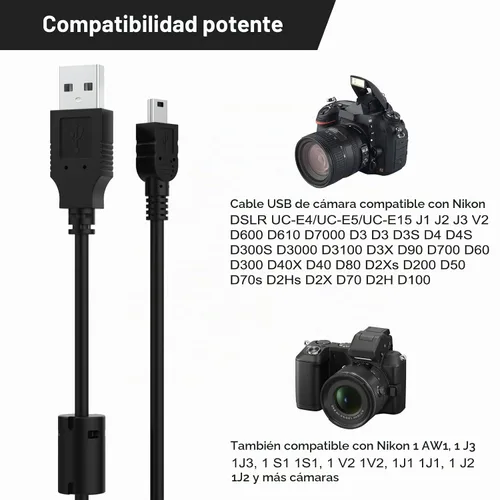 Vista 2 de Cable USB UC-E4 compatible con Nikon D40 D40X D50 D60 D70 D70S D80 D90 D100 D200 D300 D300S D610 D700 D3000 D3100 D7000 D1H D2X D2 Cámara réflex