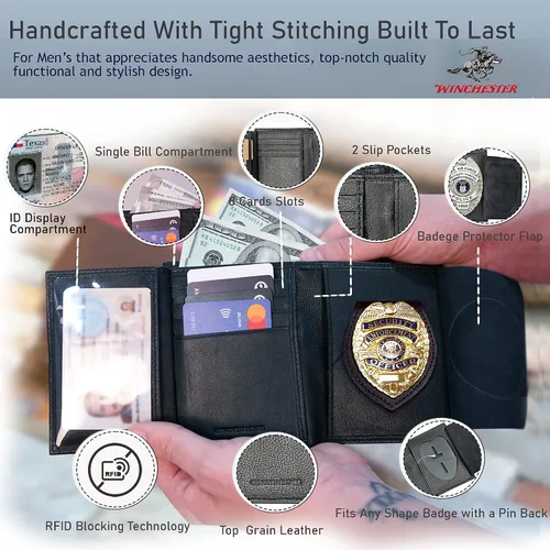 Vista 3 de Winchester Billetera de cuero genuino de grano completo con identificación de policía RFID, se adapta a cualquier forma de insignia con un pin