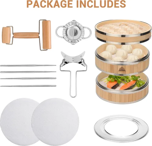 Vista 4 de Cesta para cocinar al vapor de bambú de 2 niveles Cesta para cocinar al vapor de bambú con forro reutilizable de silicona Kit de dim sum